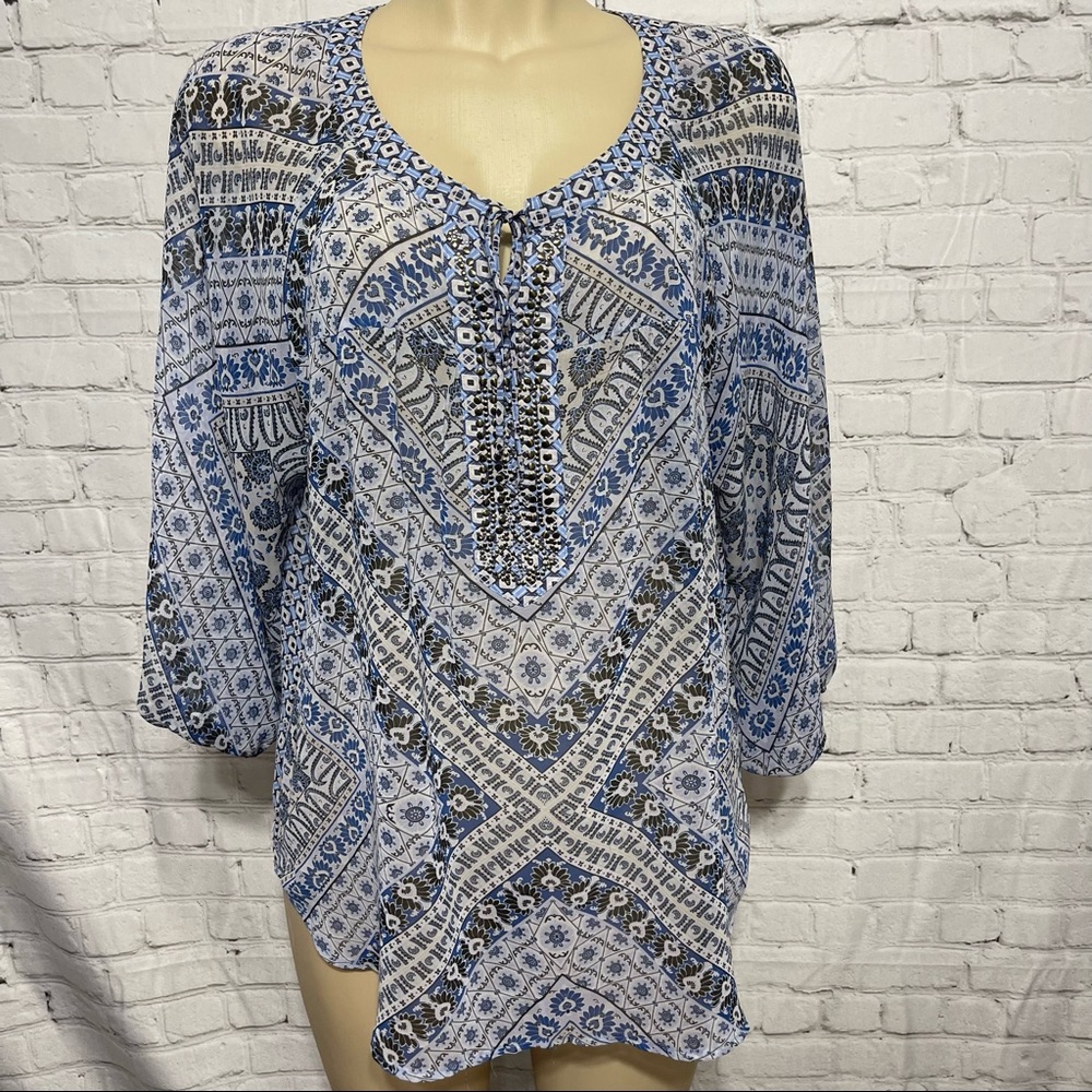 Fig & Flower Sheer Woven Boho Top Size XL Blue